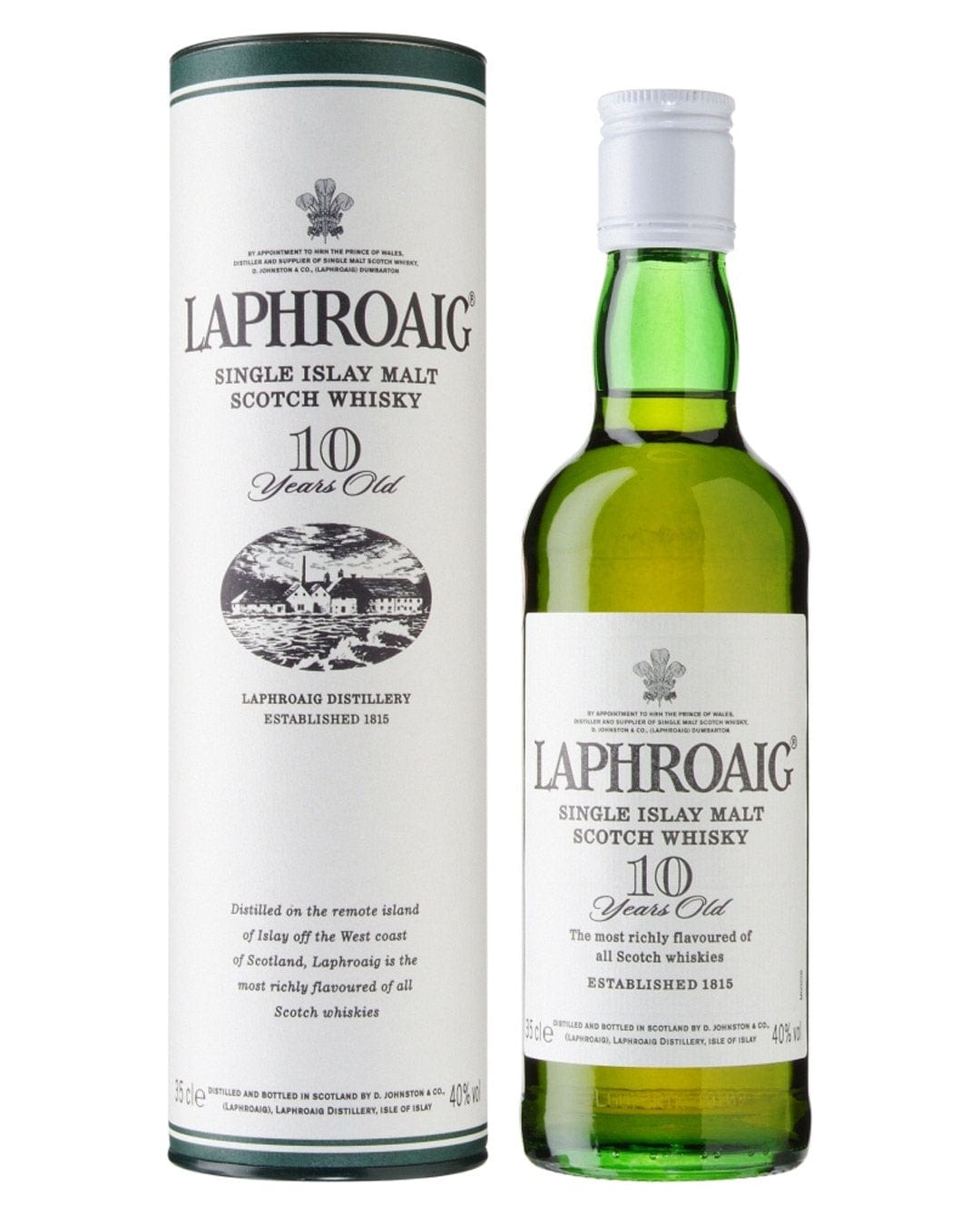 Laphroaig 10 Year Old Malt Whisky half bottle, 35 cl, featuring a green glass bottle with a white label and a cylindrical cardboard tube in green and silver.