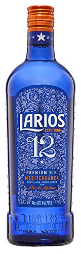 Larios 12 Botanicals Gin bottle features a vibrant blue glass design with intricate white floral patterns, an orange cap, and a label displaying "Larios 12" and "Premium Gin."