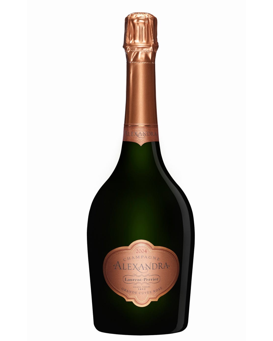 A dark green glass bottle of Laurent-Perrier Alexandra Rosé 2004, featuring a copper foil cap and an elegant label with a rose-gold emblem and vintage year.