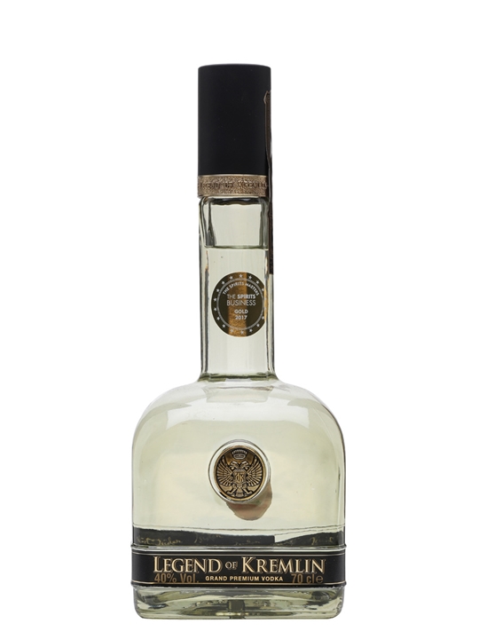 Clear glass bottle of Legend of Kremlin Gold Vodka, featuring a black cap, embossed emblem, and a gold label with text, showcasing a premium vodka with a smooth design.