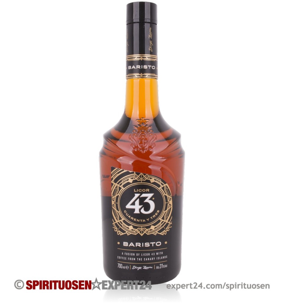 Amber-colored glass bottle of Licor 43 Baristo Coffee Liqueur, featuring a black label with gold accents, and a sleek black cap, containing 70 cl of liqueur.