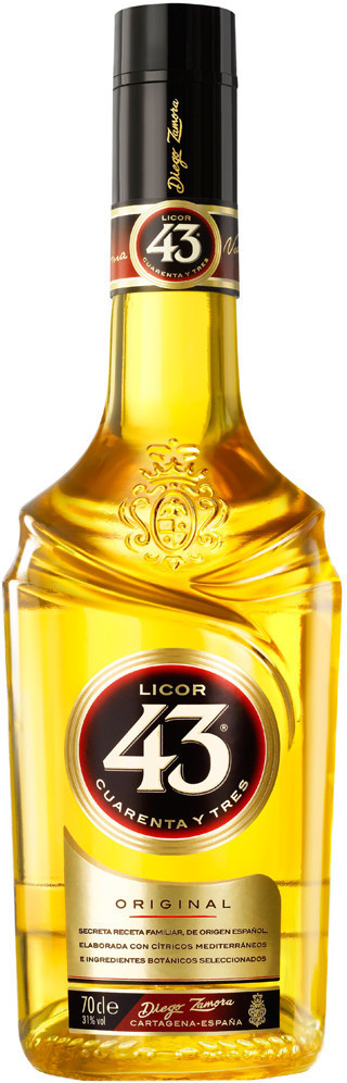 Clear glass bottle of Licor 43 liqueur, featuring a vibrant yellow liquid, a black and gold label with "Licor 43" and "Original," and a distinctive curved shape.