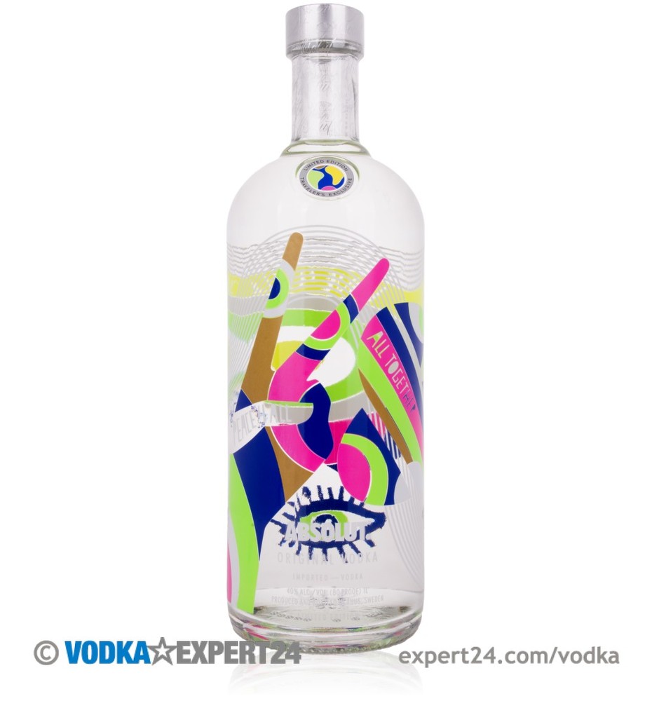 Clear glass bottle of Limited Edition Absolut World Peace 4 All Vodka, featuring vibrant multi-colored abstract designs and a round logo on the neck.