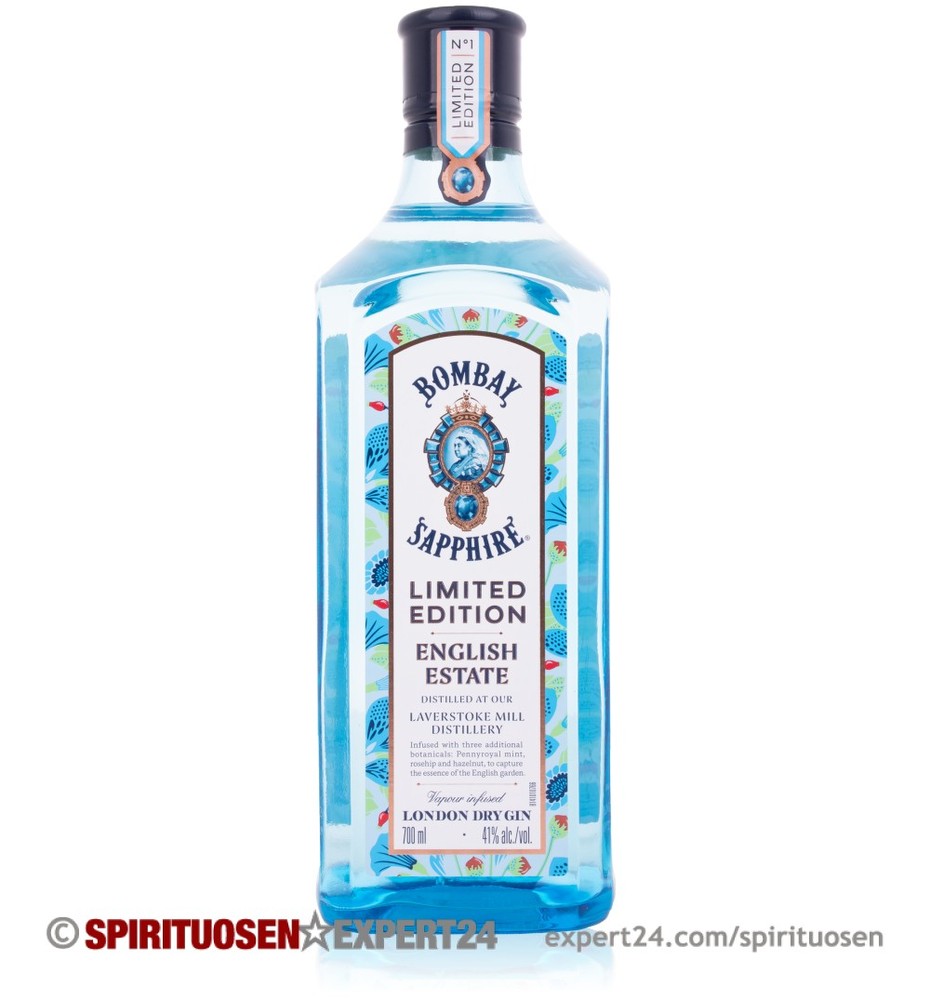 Clear glass bottle with a blue tint, featuring a decorative label with botanical illustrations, and a silver cap, labeled "Limited Edition Bombay Sapphire English Estate, 70 Cl."