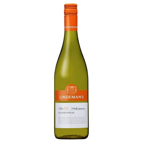 Lindemans Bin 65 Chardonnay bottle, featuring a green glass body, orange cap, and a white label with black text, indicating it's a 75 cl wine.