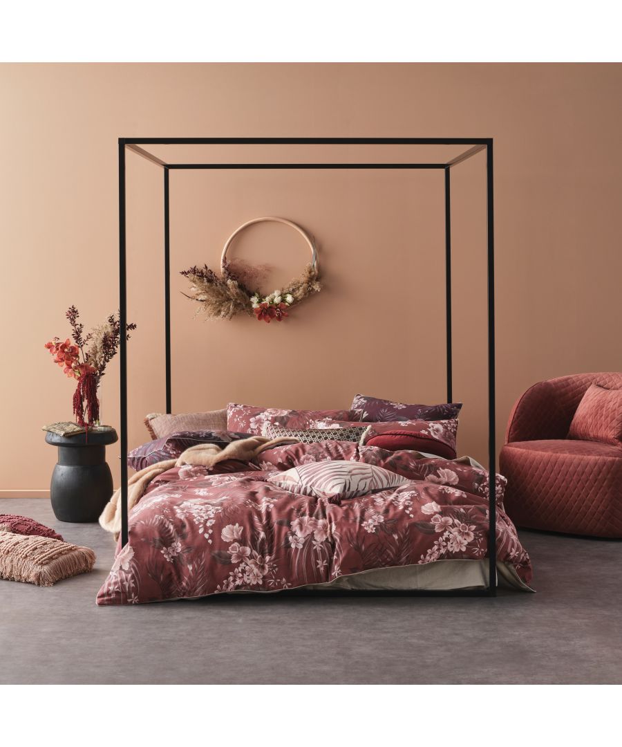 Multicolour Linen House Taira Duvet Set in a floral pattern, featuring rich burgundy and soft pink tones, displayed on a stylish bed frame with decorative pillows and a cozy texture.