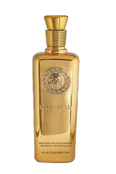 Gold-colored bottle with a lion emblem on the front, featuring a textured neck and a label that reads "Lion Head Blended Scotch Whisky, 75 Cl, Product of Scotland."