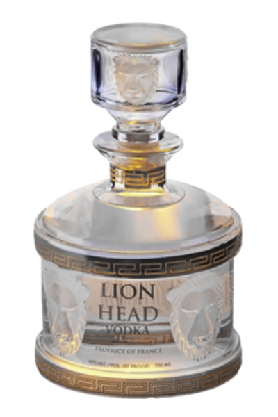 Clear glass bottle of Lion Head Vodka, 75 cl, featuring a lion head design on the front and a decorative gold band, topped with a crystal-like stopper.