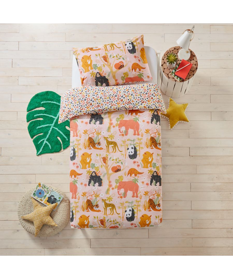 Multicolour cotton duvet cover set featuring playful animal prints on a soft pink background, complemented by matching pillowcases and vibrant decorative elements.