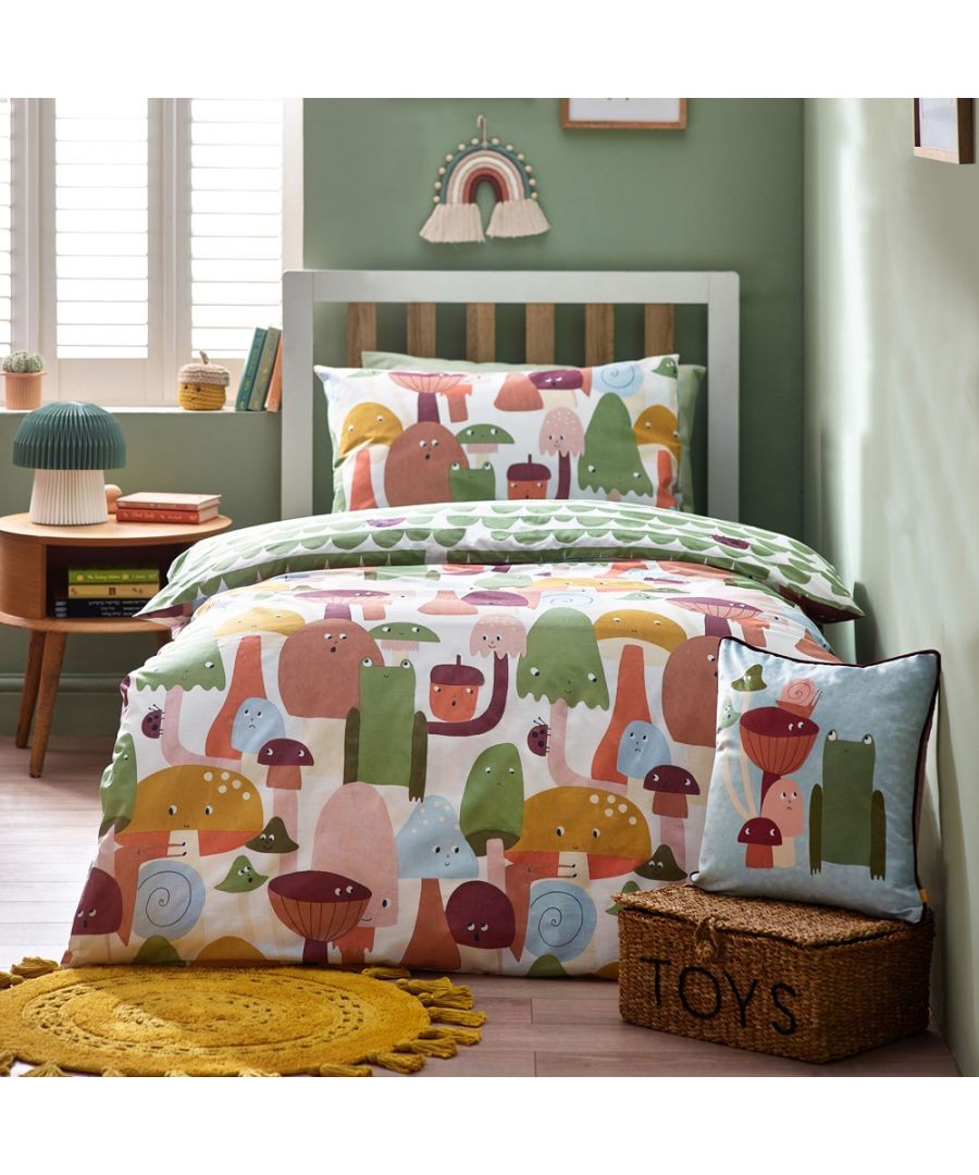 Colorful mushroom-themed duvet set featuring playful illustrations in shades of green, orange, and pink, complemented by matching pillowcases and a decorative cushion.
