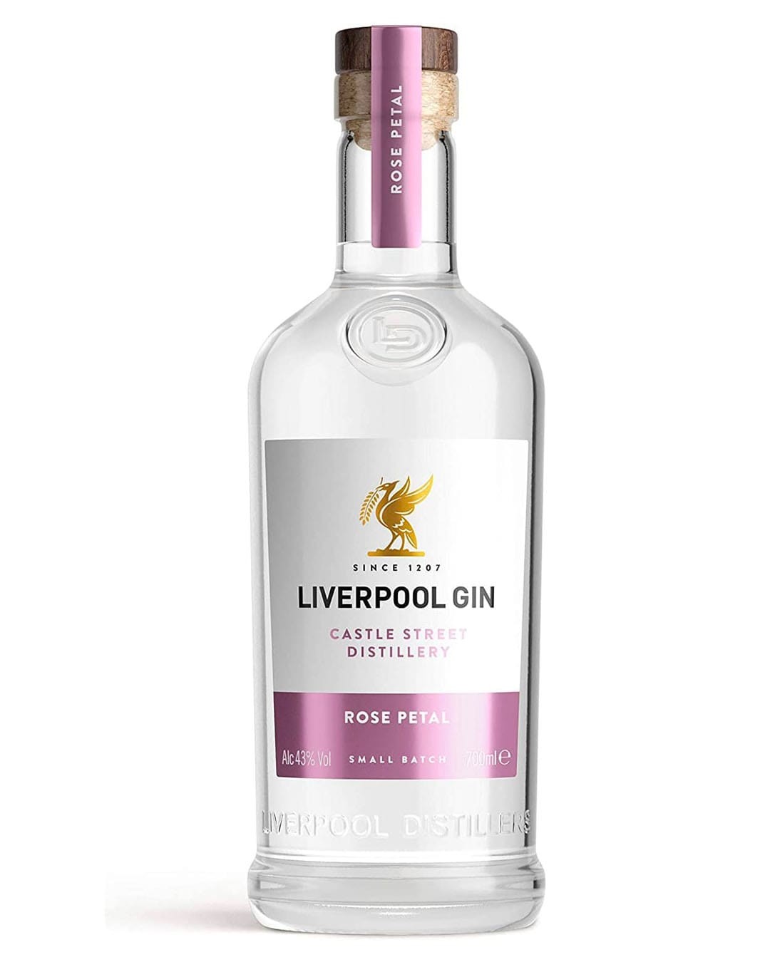 Clear glass bottle of Liverpool Rose Petal Gin, featuring a pink label, cork stopper, and embossed logo, with a volume of 70 cl and an alcohol content of 43%.