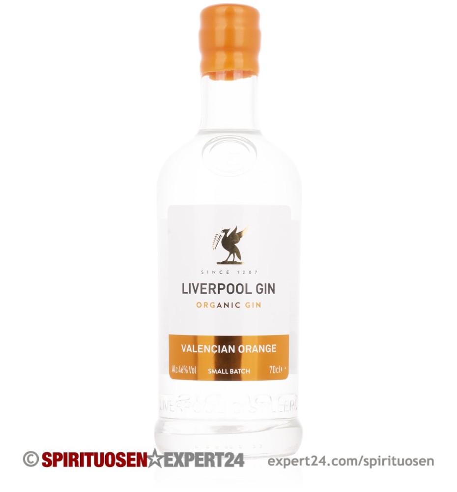 Clear glass bottle of Liverpool Valencian Orange Gin, featuring an orange label, a cork-like cap, and text indicating 70 cl volume and 46% ABV.