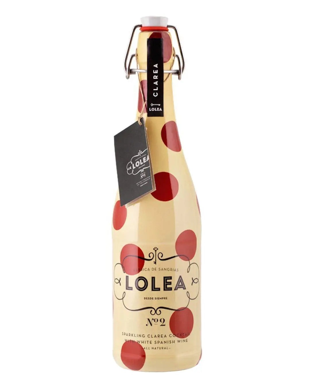 Lolea No 2 White Wine Sangria bottle features a cream-colored background adorned with large red polka dots and a black label with elegant typography.