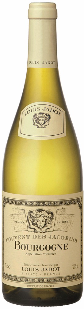 A green glass bottle of Louis Jadot Bourgogne Chardonnay, featuring a cream-colored label with gold accents and a lion emblem, labeled with "Appellation Contrôlée" and 12.5% alcohol.