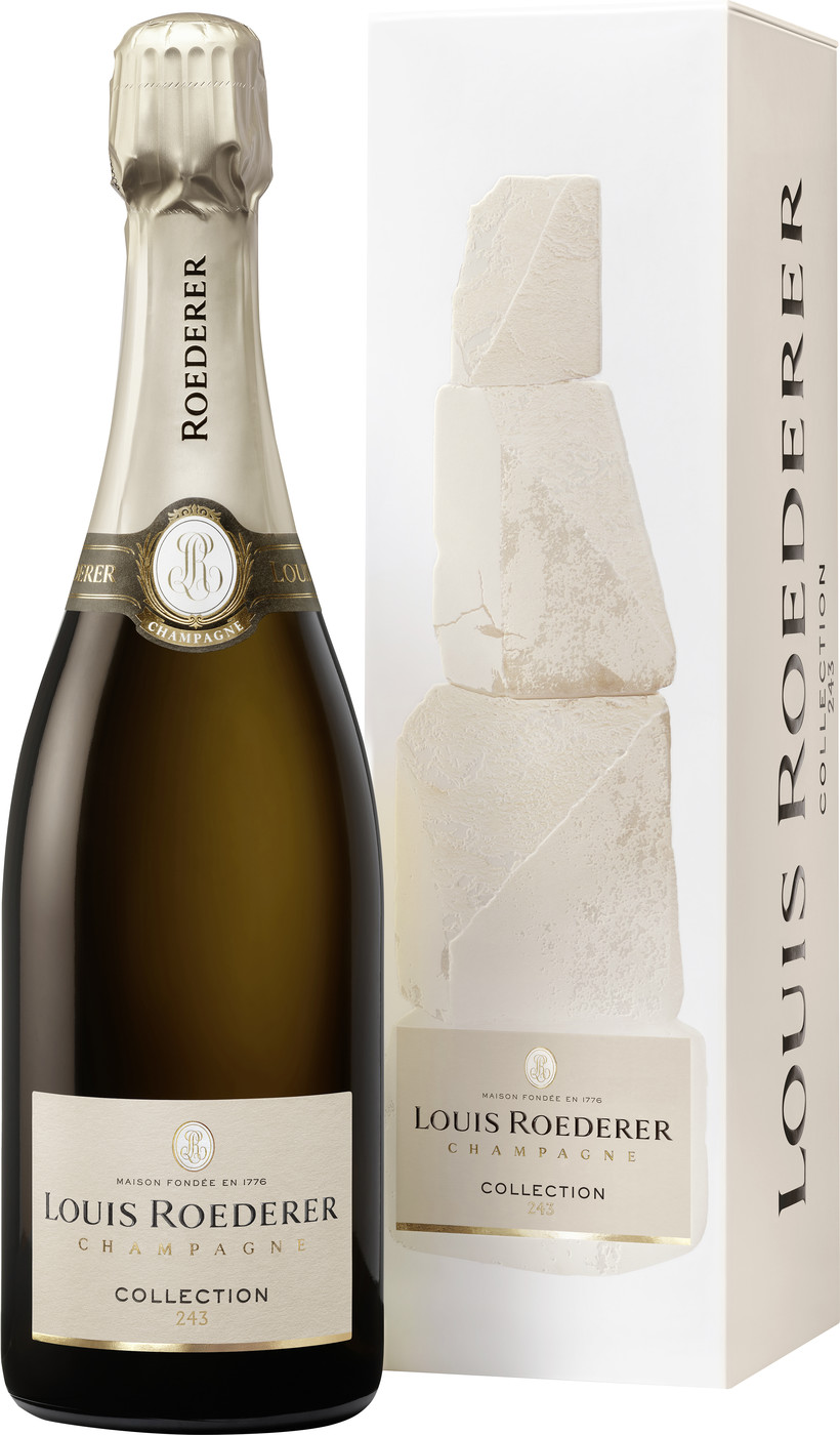 Louis Roederer Brut Collection 243 Champagne in a sleek dark bottle with a silver foil cap, accompanied by a white box featuring elegant stone-like design and gold accents.