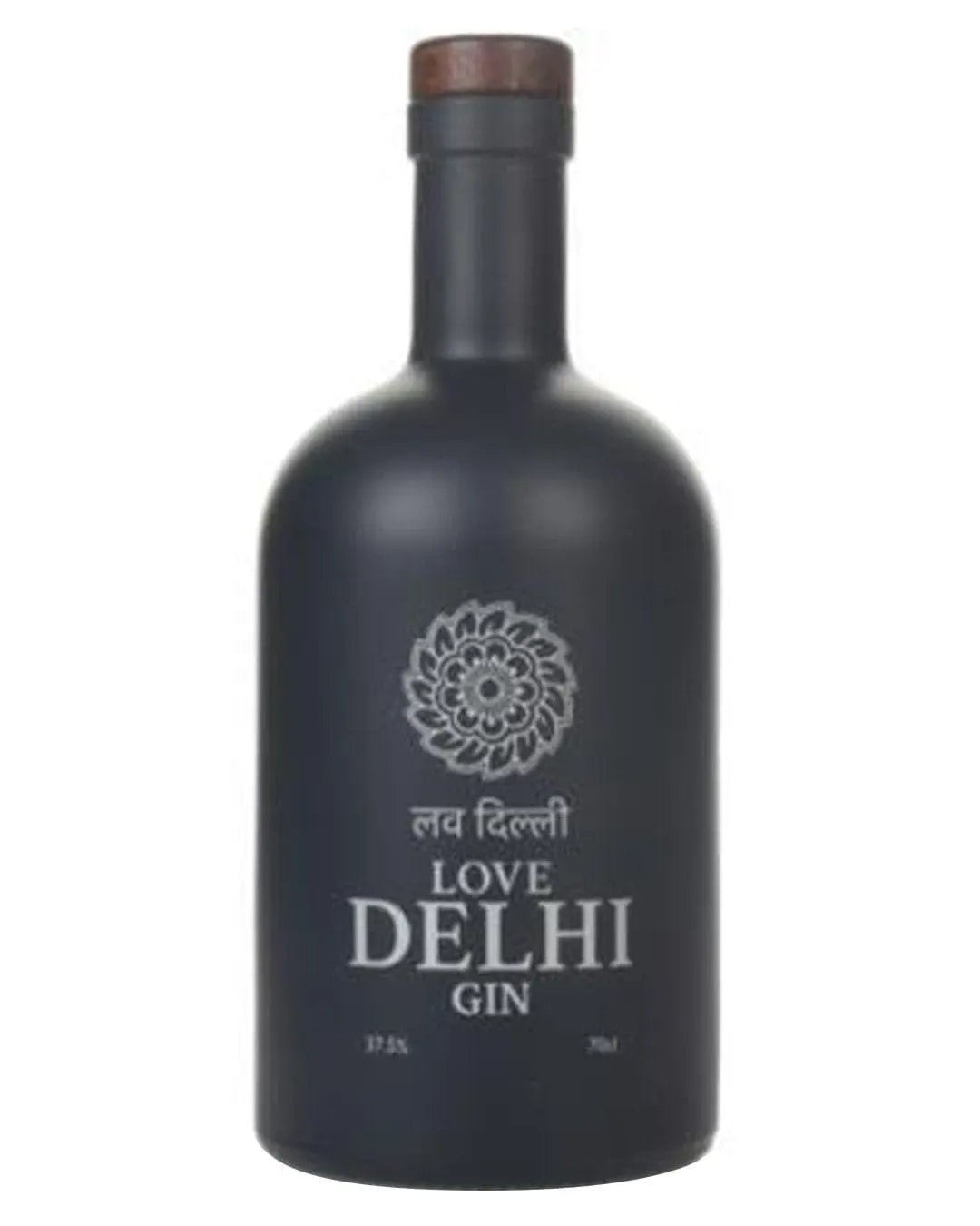 Black glass bottle of "Love Delhi Gin" with a wooden cork, featuring a floral logo and white text, 70 Cl, 19.5% ABV.
