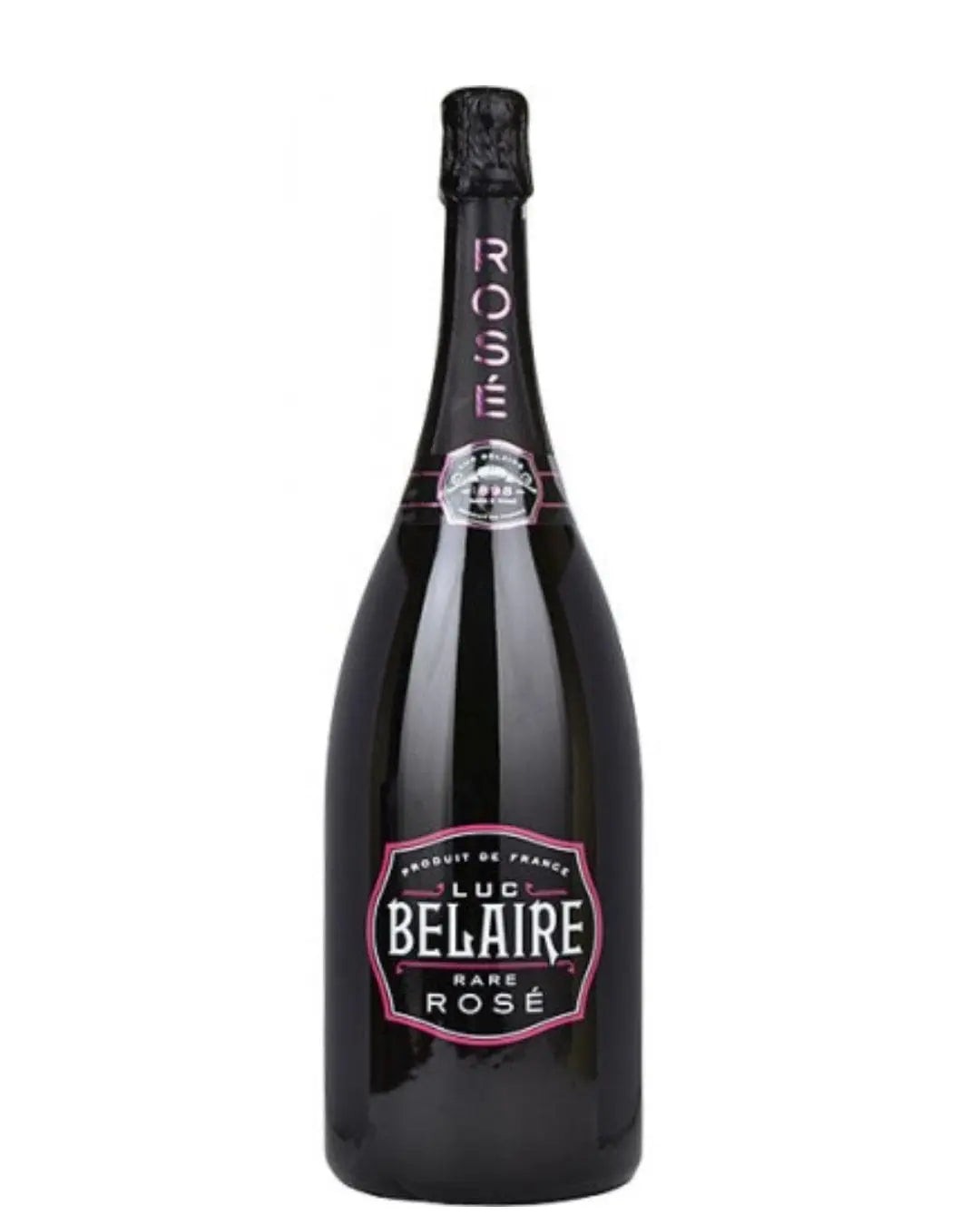 Luc Belaire Fantome Sparkling Rosé Wine in a sleek black 3L bottle, featuring a pink label with elegant typography and a textured cork top.