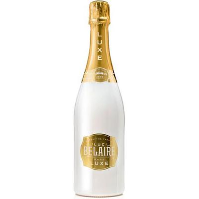 A 1.5 L bottle of Luc Belaire Luxe champagne, featuring a sleek white glass body with a gold foil neck and label, elegantly adorned with the brand name in bold lettering.