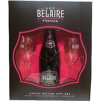 Luc Belaire Luxe Rose Fantome sparkling wine in a black and pink gift box, featuring a sleek bottle and two elegant glasses, all branded with the Belaire logo.