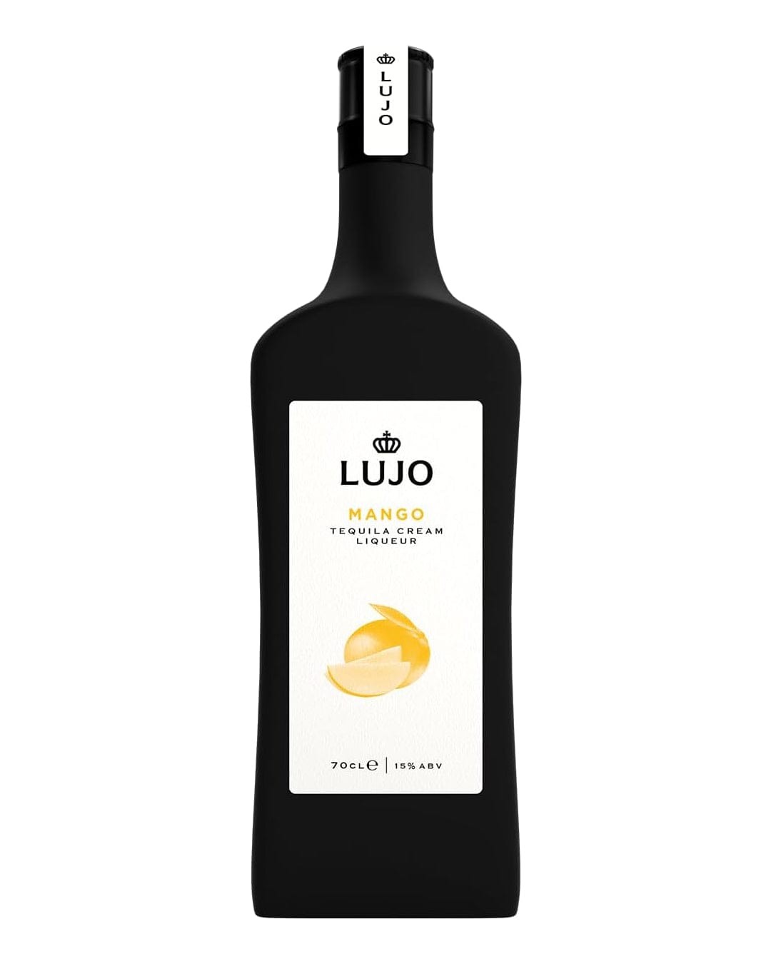 Black glass bottle of LUJO Mango Tequila Cream Liqueur with a white label featuring a mango illustration, 70 cl volume, and 18% ABV, topped with a sleek black cap.