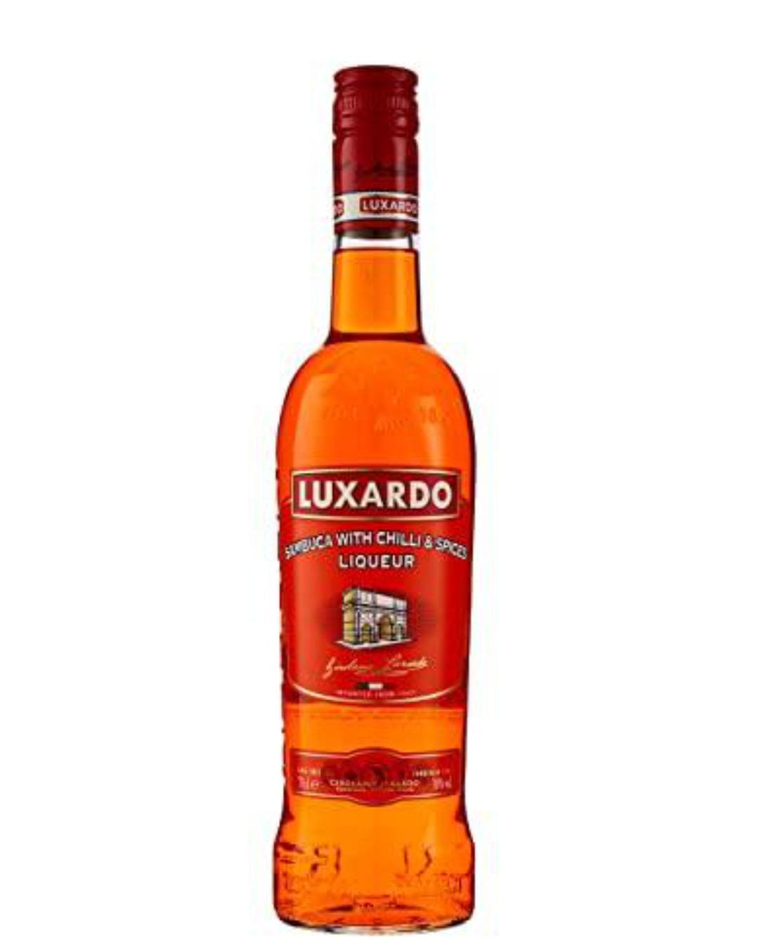 Transparent bottle of Luxardo Chilli and Spices Sambuca, featuring a vibrant orange liqueur, a red label with white text, and a red cap, measuring 50 cl.
