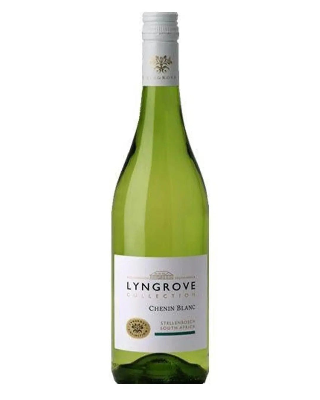 Clear glass bottle of Lyngrove Chenin Blanc, 75 Cl, featuring a white label with gold accents and a greenish-yellow liquid inside, topped with a white screw cap.