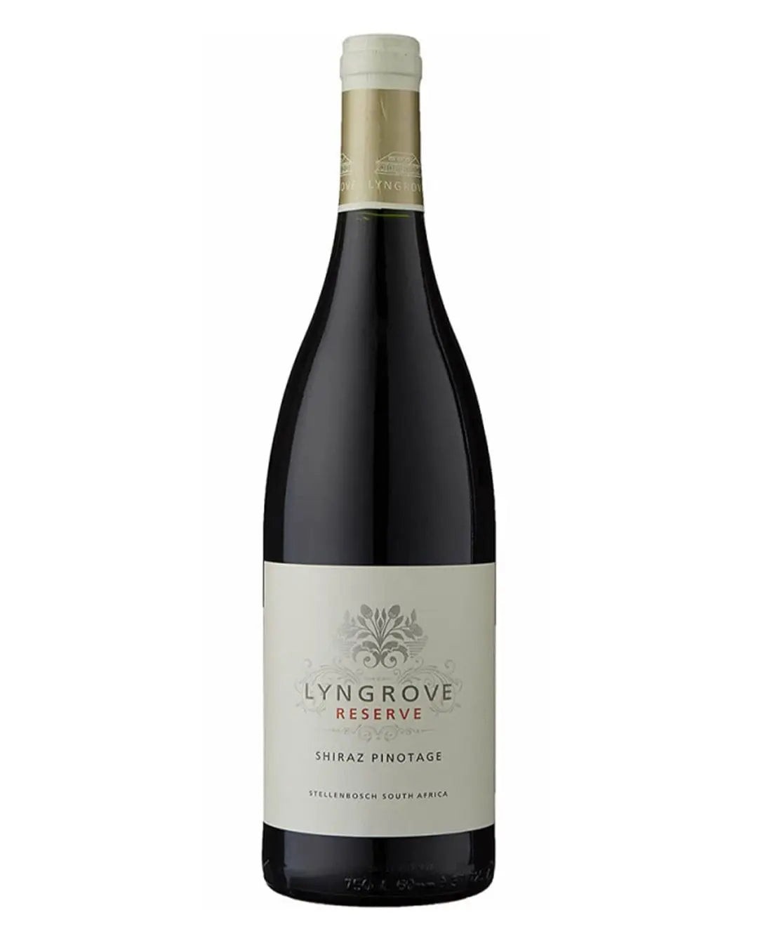 A tall, dark glass bottle of Lyngrove Reserva Shiraz Pinot, featuring a cream label with elegant gold accents and the winery's name prominently displayed.