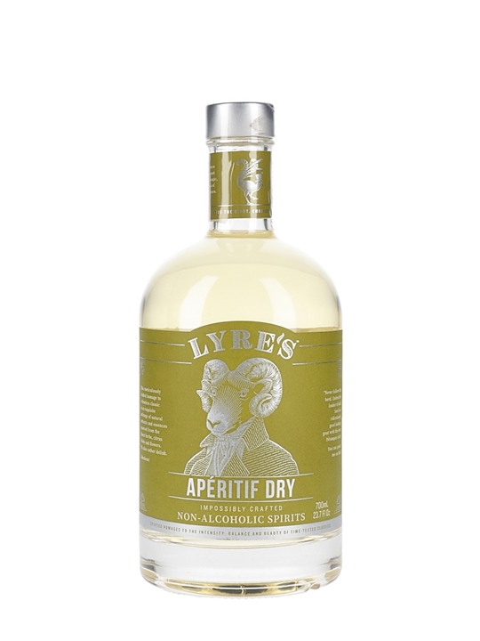 Clear glass bottle with a metallic silver cap, featuring a green label with a ram illustration and the text "LYRE'S APERITIF DRY," showcasing a light yellow liquid inside.
