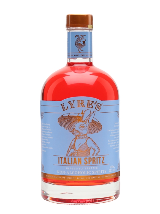 Lyre's Italian Spritz bottle features a vibrant red liquid, a blue label with a rabbit illustration, and a clear glass body, showcasing its non-alcoholic spirit.