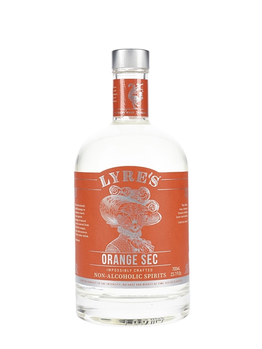 Clear glass bottle with a silver cap, featuring an orange label with white text that reads "LYRE'S ORANGE SEC," showcasing a vintage-style illustration of a woman.