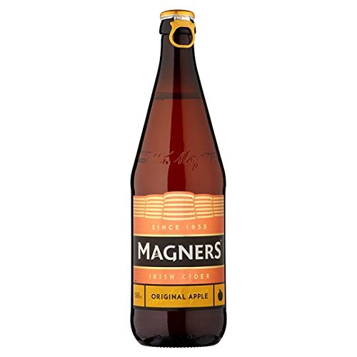 Brown glass bottle of Magners Original Cider, featuring an orange and black label with the text "MAGNERS" and "Original Apple," capped with a yellow top, in a 12-pack.