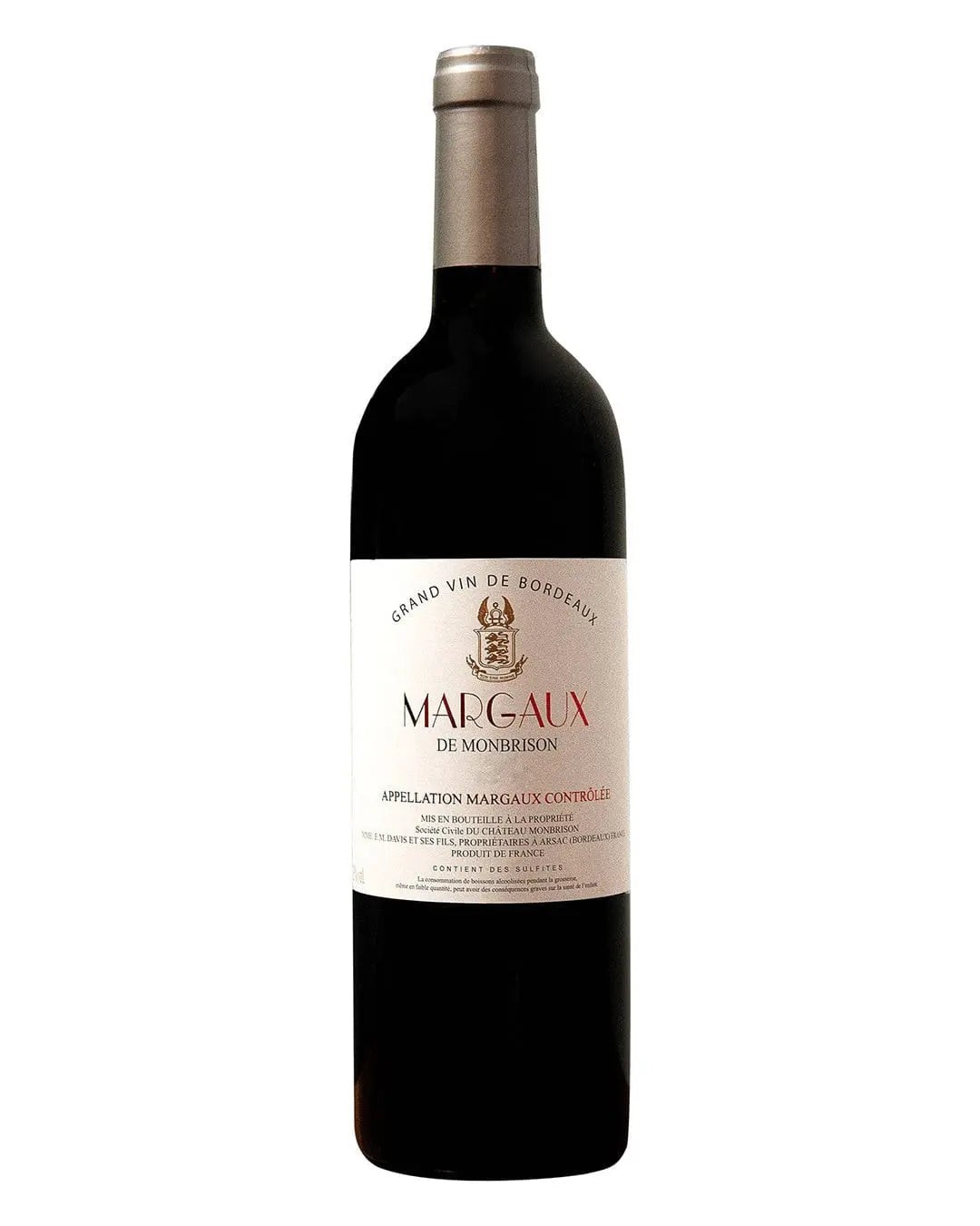 A dark glass wine bottle with a silver cap, featuring a white label that reads "MARGAUX DE MONBRISON" in red and black text, indicating a Bordeaux wine.