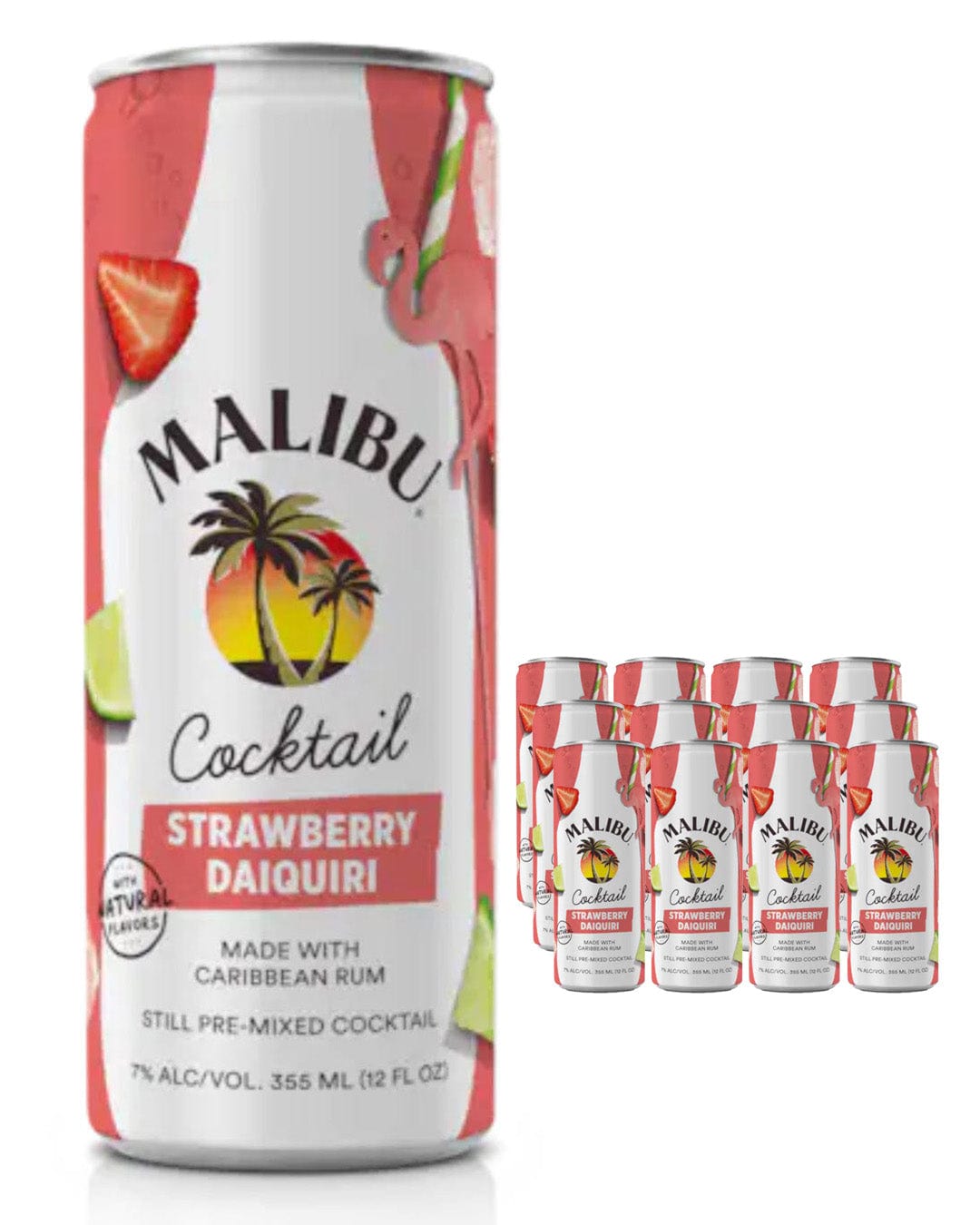Malibu Cocktail Strawberry Daiquiri multipack featuring 12 cans, each with a vibrant red and white design, showcasing tropical graphics and highlighting natural flavors.