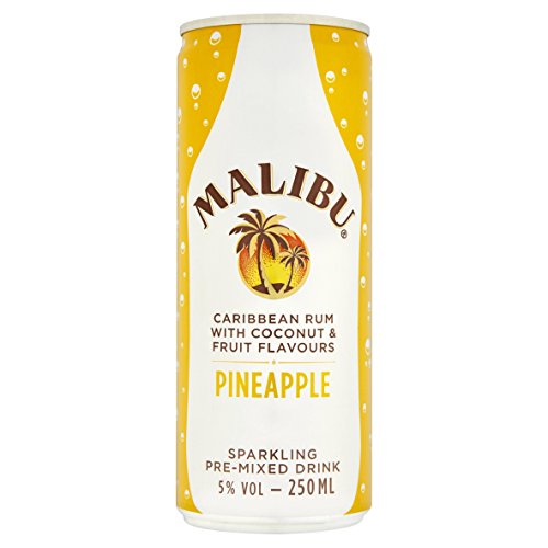 Malibu Coconut Rum & Pineapple pre-mixed can multipack featuring bright yellow cans with tropical palm tree design, labeled with "Pineapple" and "Caribbean Rum" details.