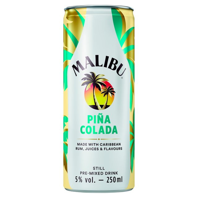 Twelve cans of Malibu Piña Colada, featuring a tropical design with palm trees, in a light blue and gold color scheme, each can holds 250 ml of pre-mixed drink.