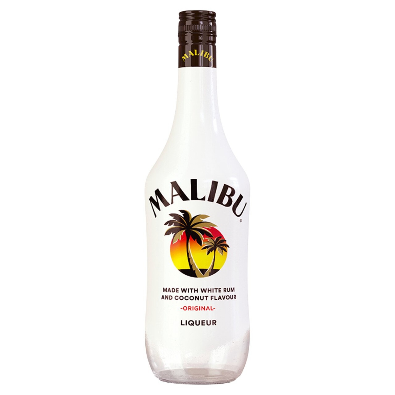 Clear glass bottle of Malibu Rum, 1 L, featuring a white body, black text, and a colorful sunset design with palm trees on the label.
