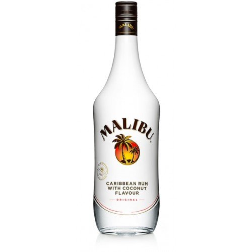 Clear glass miniature bottle of Malibu Rum, 5 cl, featuring a white label with red and yellow palm tree logo and text reading "Caribbean Rum with Coconut Flavour."