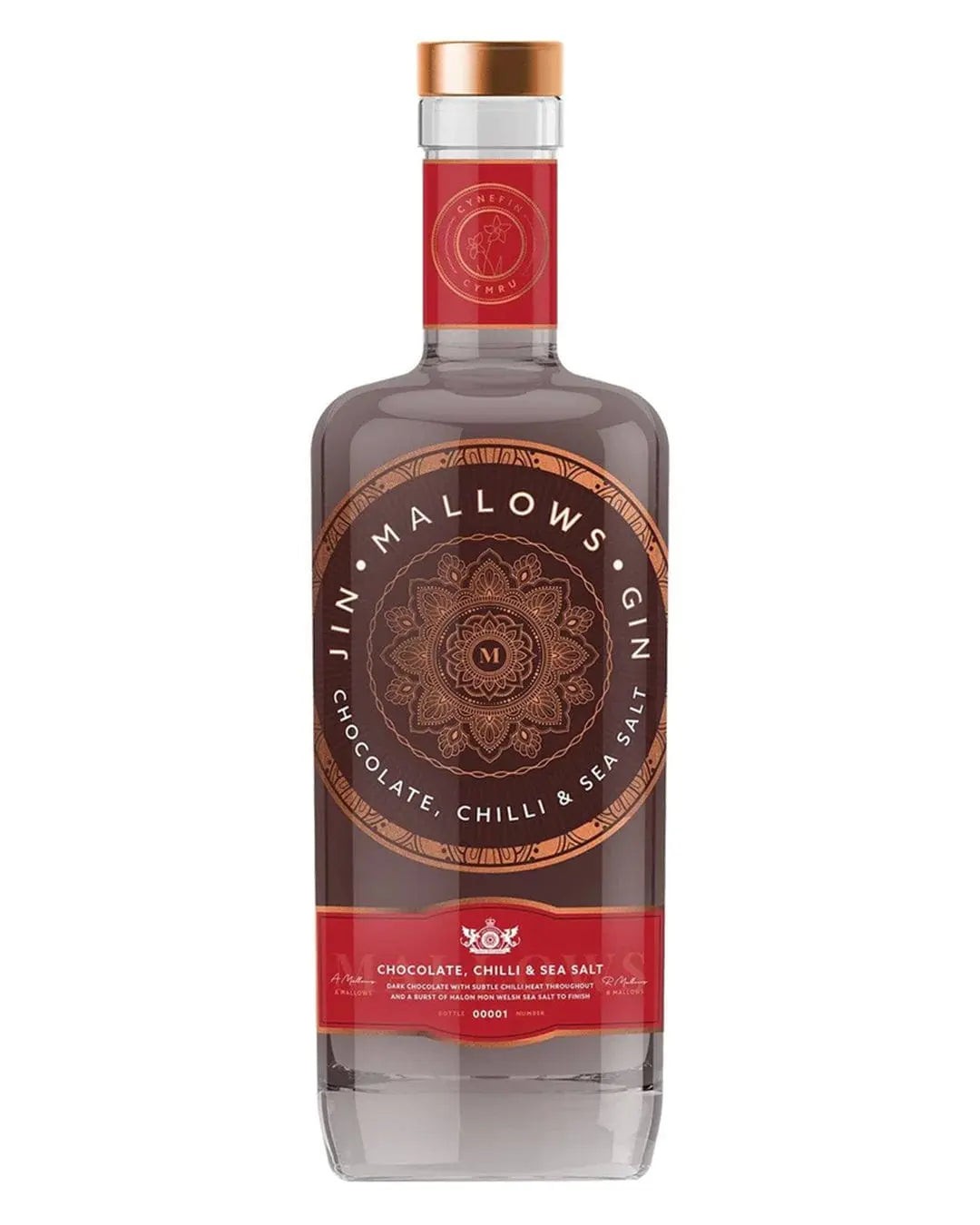 Clear glass bottle featuring a decorative label with a gold and red design, showcasing "Mallows Chocolate, Chilli & Sea Salt Flavoured Gin" in elegant typography.