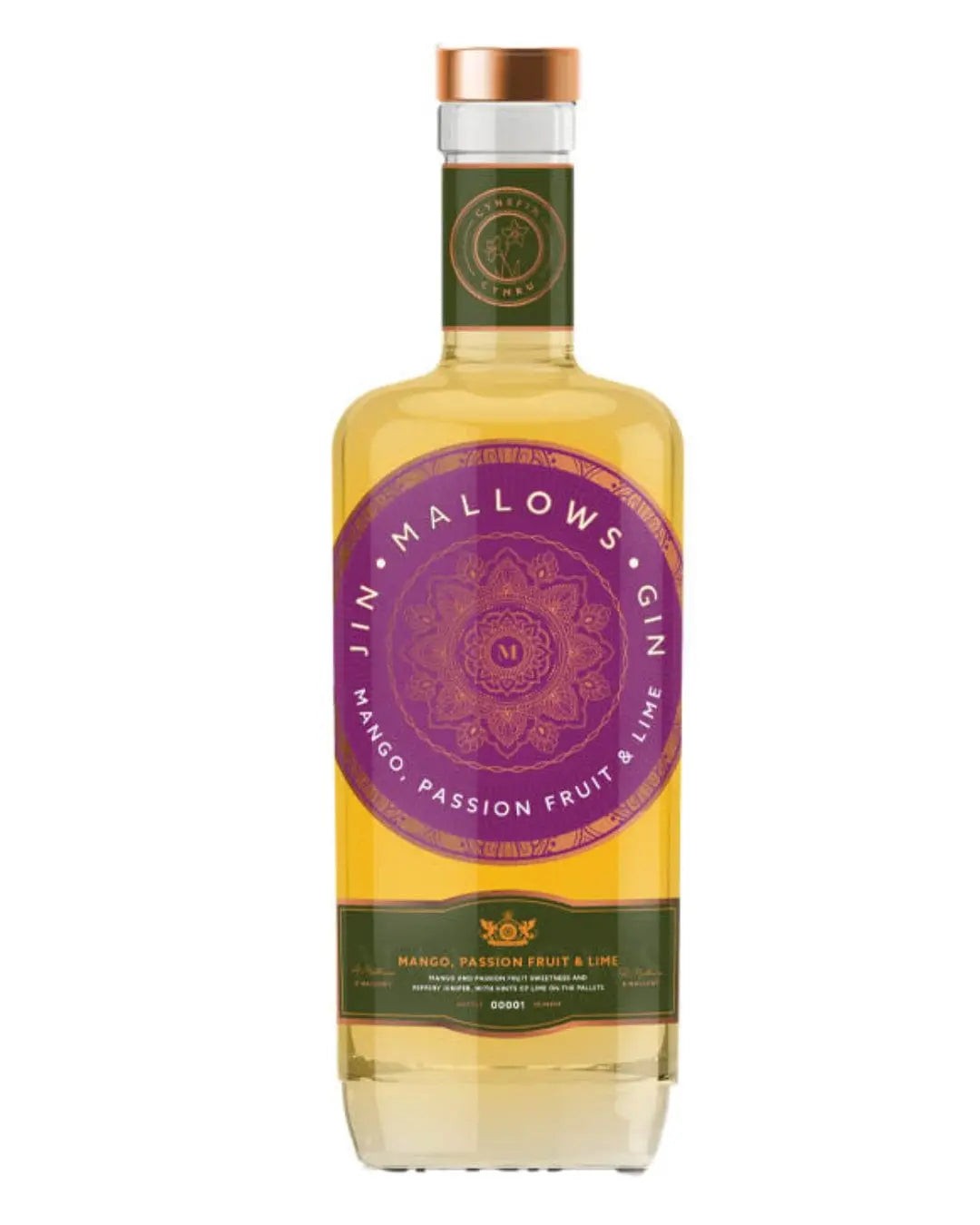 Clear glass bottle with a purple label featuring a decorative emblem, containing yellow gin infused with mango, passion fruit, and lime flavors, topped with a copper-colored cap.