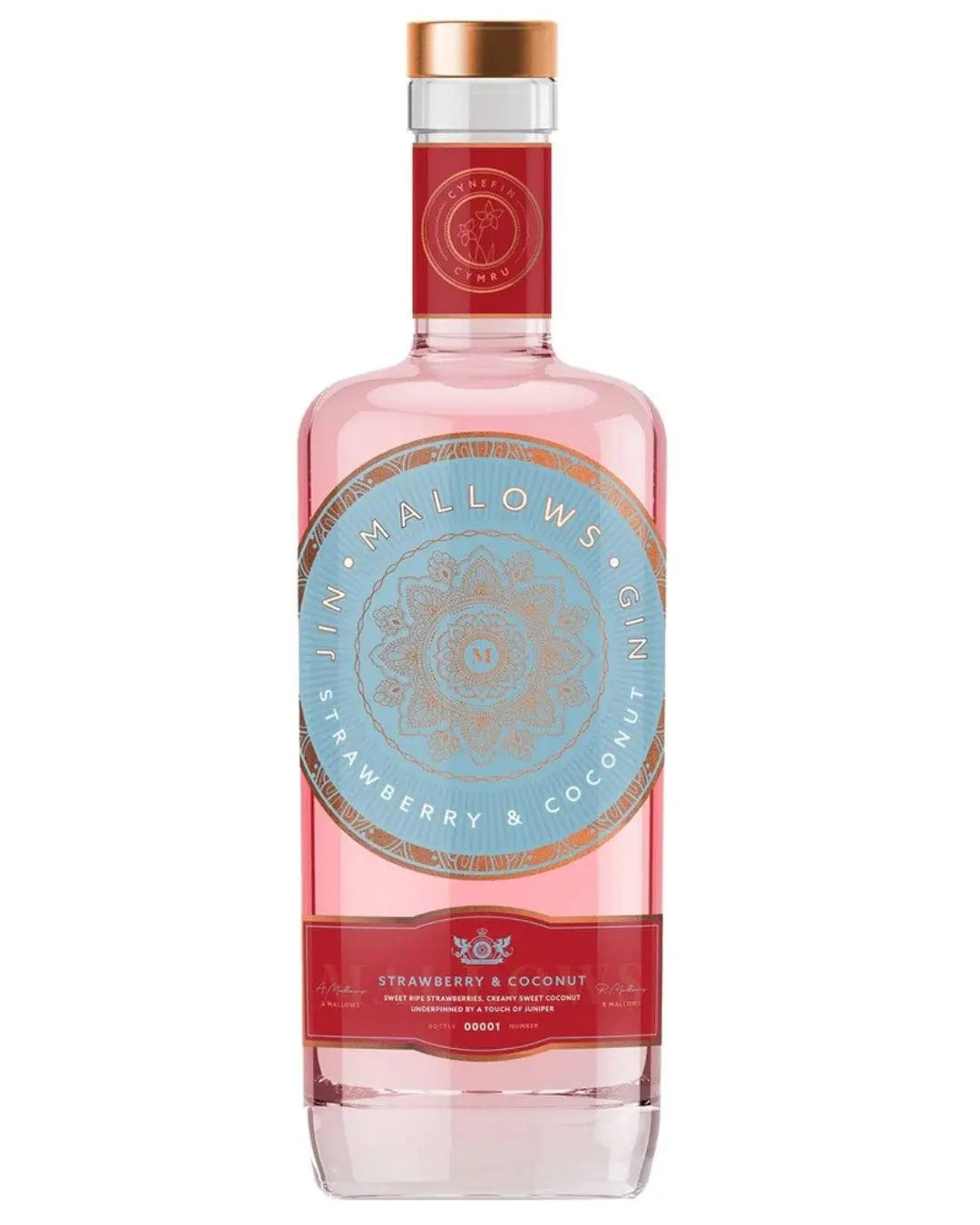 Clear glass bottle with a pink liquid, featuring a blue label with gold accents, and a copper-colored cap; labeled "Mallows Strawberry & Coconut Gin, 70 Cl."