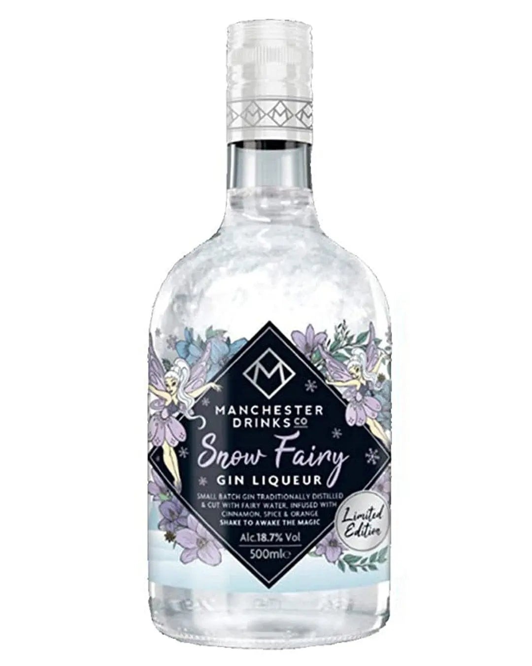 Clear glass bottle of Manchester Drinks Co. Snow Fairy Gin Liqueur, featuring a floral label with purple and white accents, 50 cl volume, and 18.7% ABV.