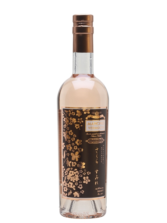 Mancino Vermouth Sakura in a clear glass bottle, featuring a floral design in gold and black, with a cork stopper, labeled with elegant text, 50 cl volume.