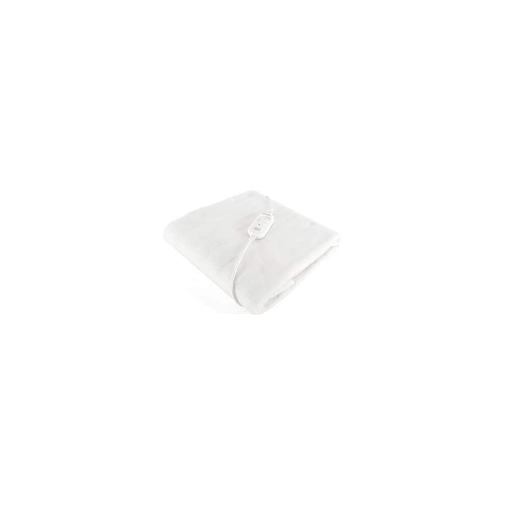 White fleece electric blanket, measuring 120cm x 110cm, featuring a control panel with settings, designed for fast heat-up, overheat protection, and auto safety shut-off.
