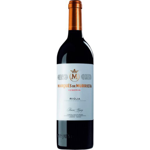 A dark red wine bottle with a sleek design, featuring a gold and white label that reads "Marqués de Murrieta Reserva" and a copper-colored foil cap.