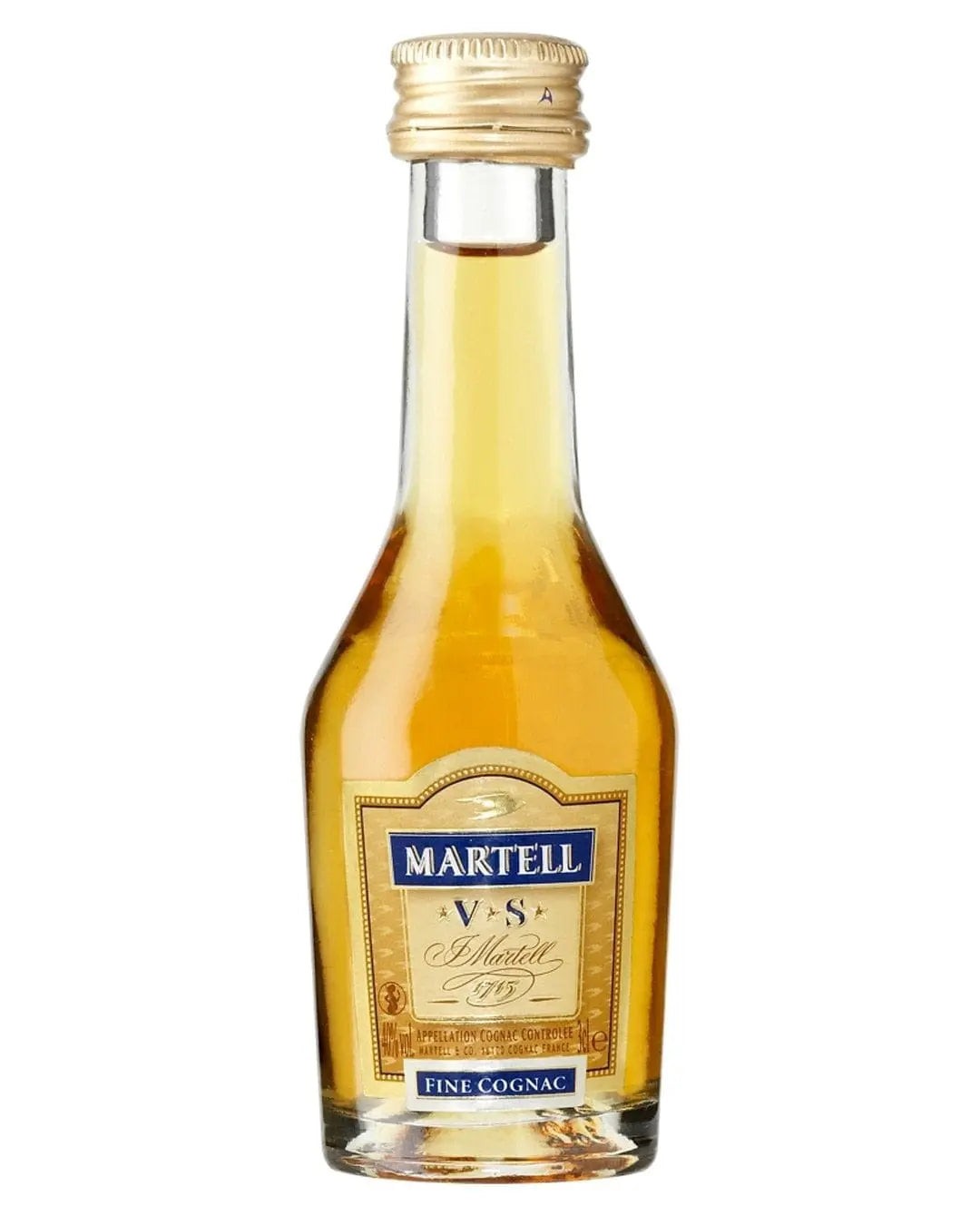 Small glass bottle of Martell VS Cognac, 3 cl, featuring a golden amber liquid, a gold and blue label, and a gold screw cap.