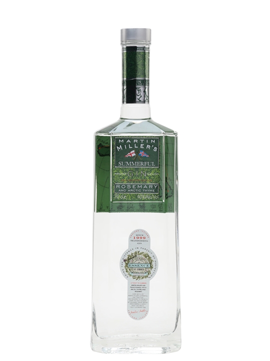Clear glass bottle of Martin Miller's Summerful Flavoured Gin, featuring a green label with rosemary design, cork stopper, and 70 Cl capacity.