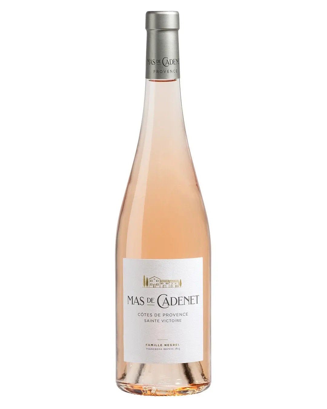 A 1.5 L magnum bottle of Mas De Cadenet Sainte Victoire rosé wine, featuring a pale pink hue, a sleek glass design, and a silver cap with elegant label detailing.