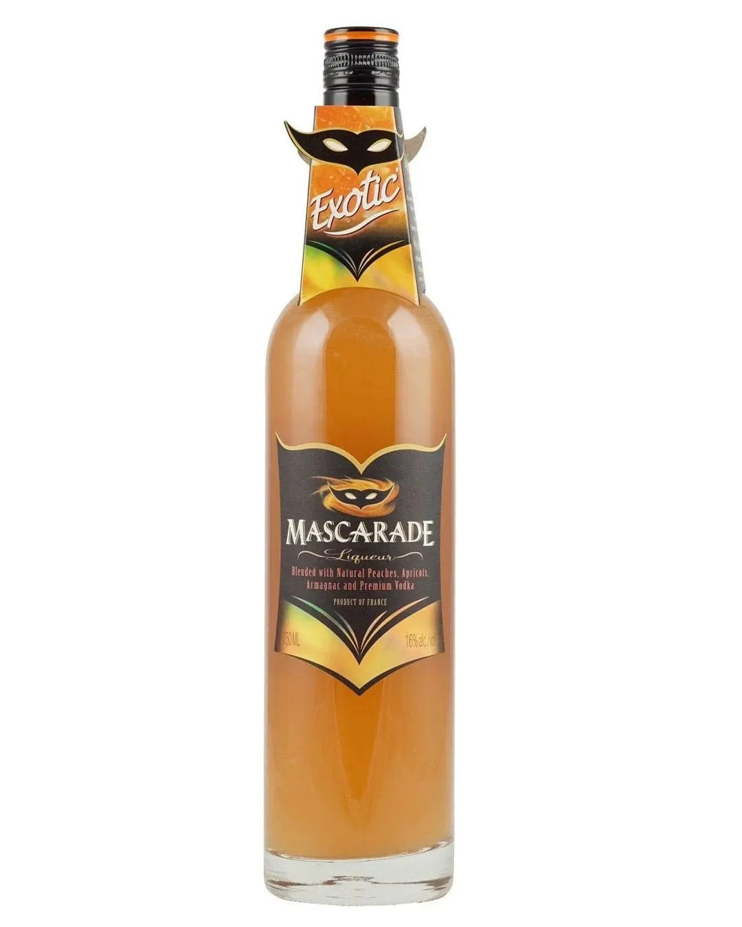 Clear bottle of Mascarade French Liqueur, 75 cl, featuring a dark label with a masked logo, orange liquid, and a gold "Exotic" tag on the neck.