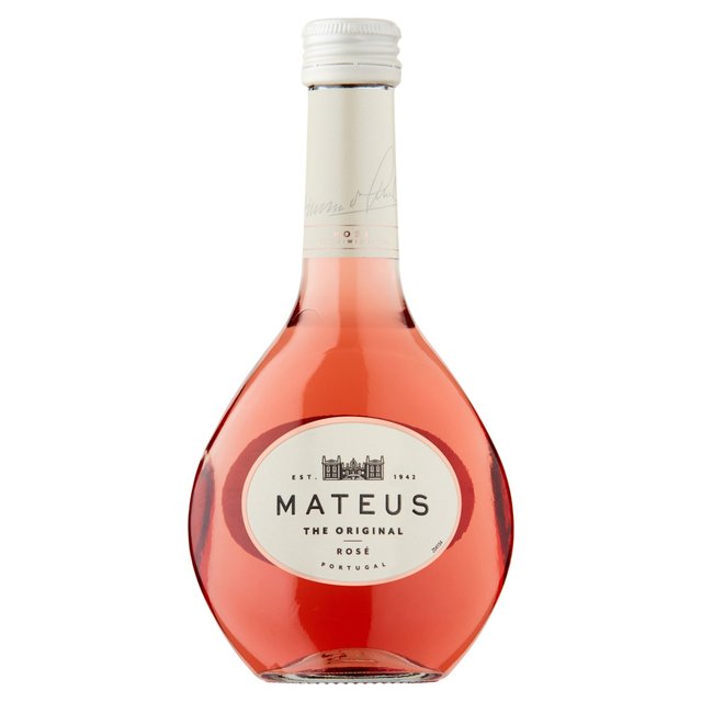Clear glass bottle of Mateus Rosé, featuring a rounded shape, pale pink liquid, and a white screw cap, with a label displaying "MATEUS THE ORIGINAL" in black text.