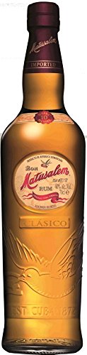Matusalem Clasico Rum bottle, 70 Cl, features a golden amber liquid, a round label with red and gold accents, and an embossed eagle design on a glass bottle.